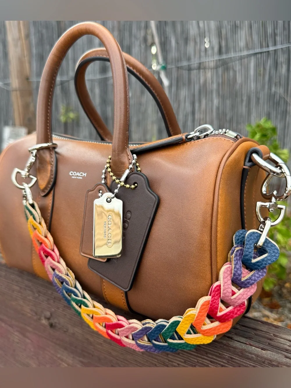 Novelty Strap| Bag Strap| Pebbled Faux Leather Muted Rainbow Chain| Heart Shaped